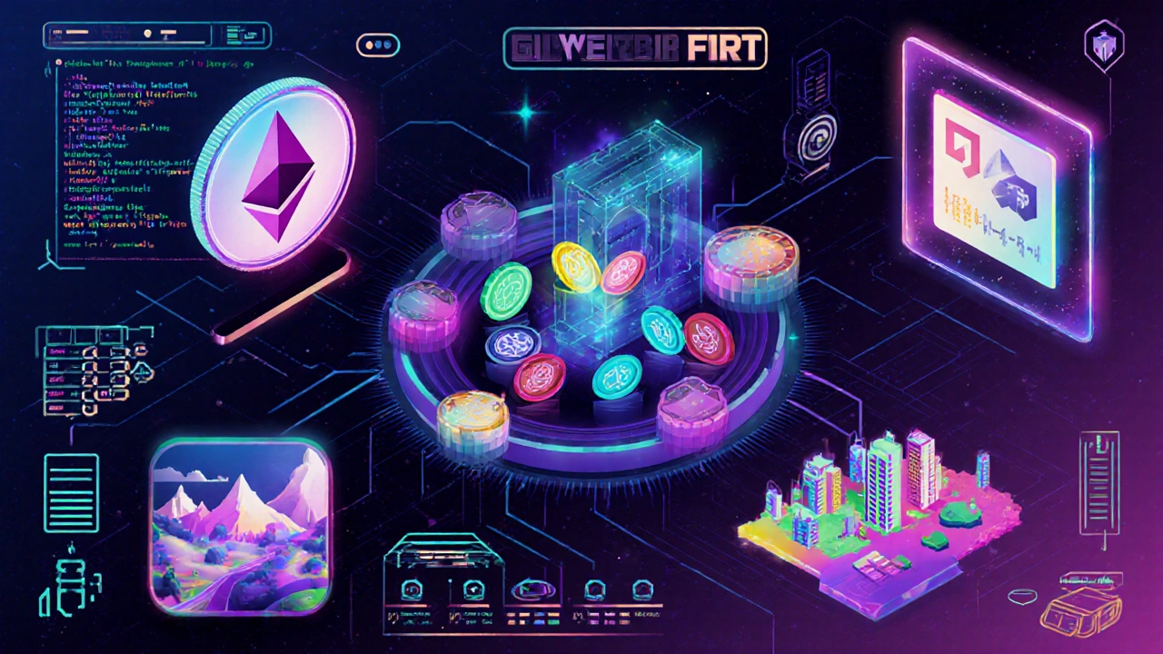 Dashboard mit Krypto‑Coin, Smart‑Contract, DAO, NFT, DApp und Metaverse.