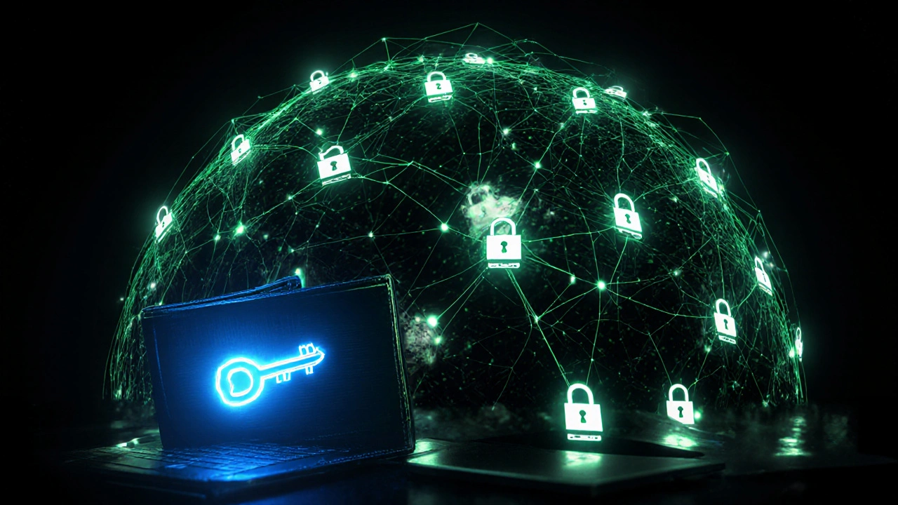 Dezentrales Netzwerk mit leuchtenden Ketten, Computern und einer abstrakten Wallet‑Schlüssel‑Form.