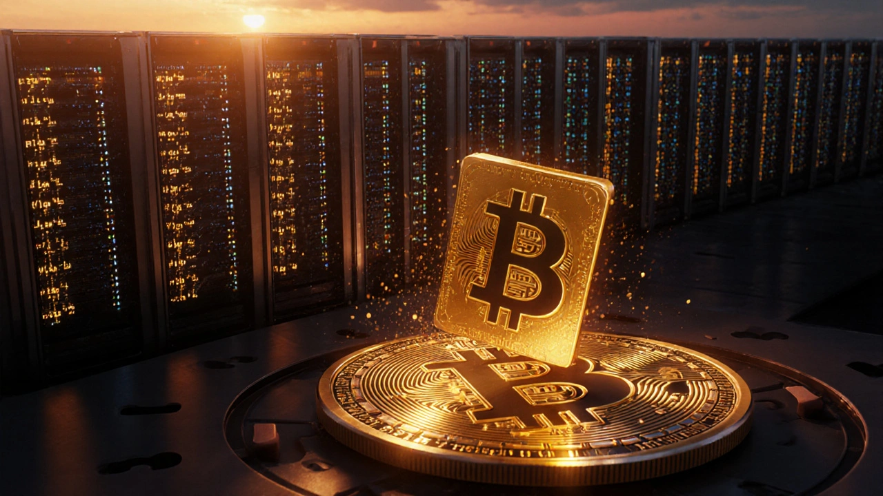 Mining‑Farm bei Dämmerung, ASIC‑Rigs und ein schwebender, goldener Block über einem Hash‑Rad.