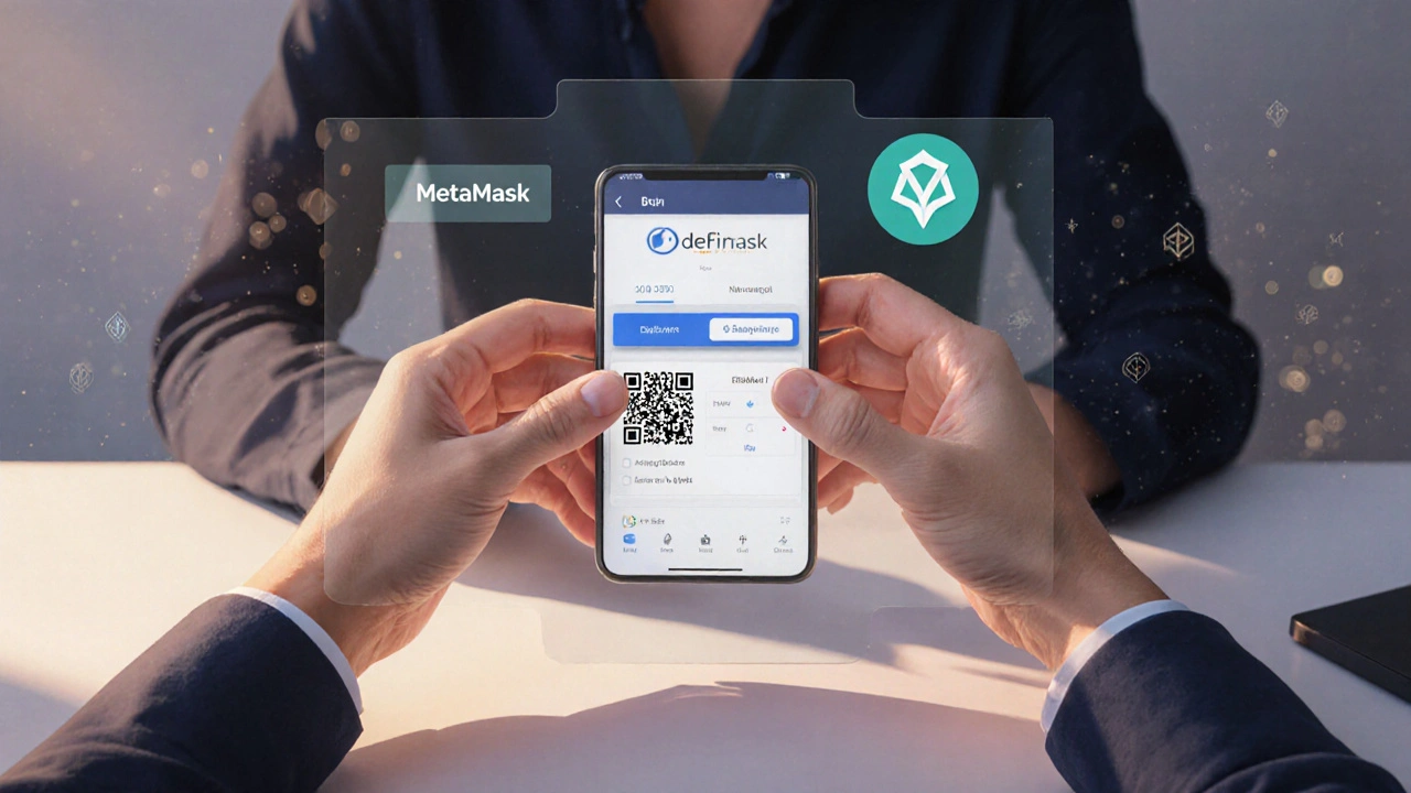 Person richtet Hardware‑Wallet ein und nutzt eine DeFi‑DApp.