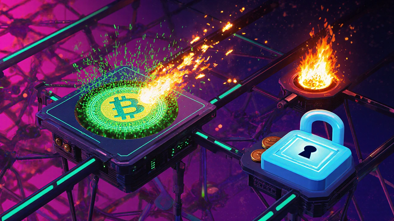 Blockchain‑Netzwerk mit Mint‑Kern, brennendem Ofen und Staking‑Lock.