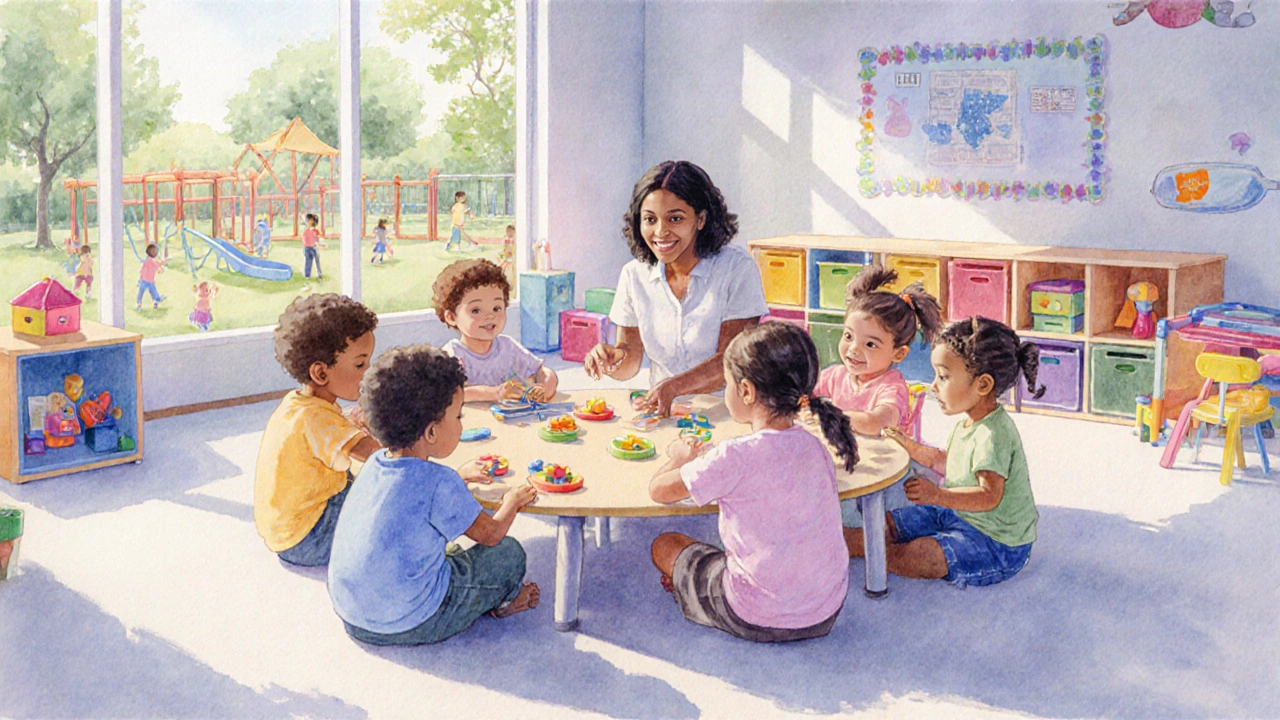 Bunte Frühförderungsgruppe im Kindergarten mit engagierter Betreuungsperson, spielend lernt die Kinder gemeinsam.