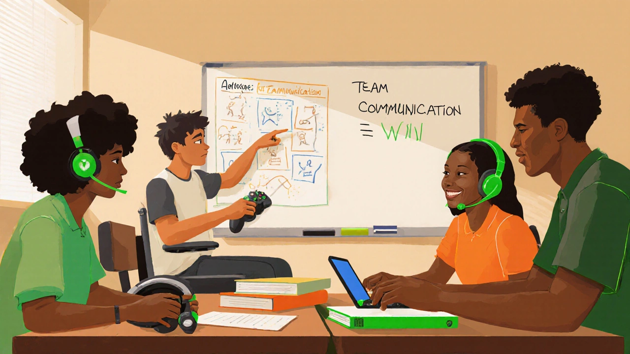 Diverse Schüler:innen, einschließlich eines Schülers mit adaptivem Controller, diskutieren Teamstrategien in der Klasse.