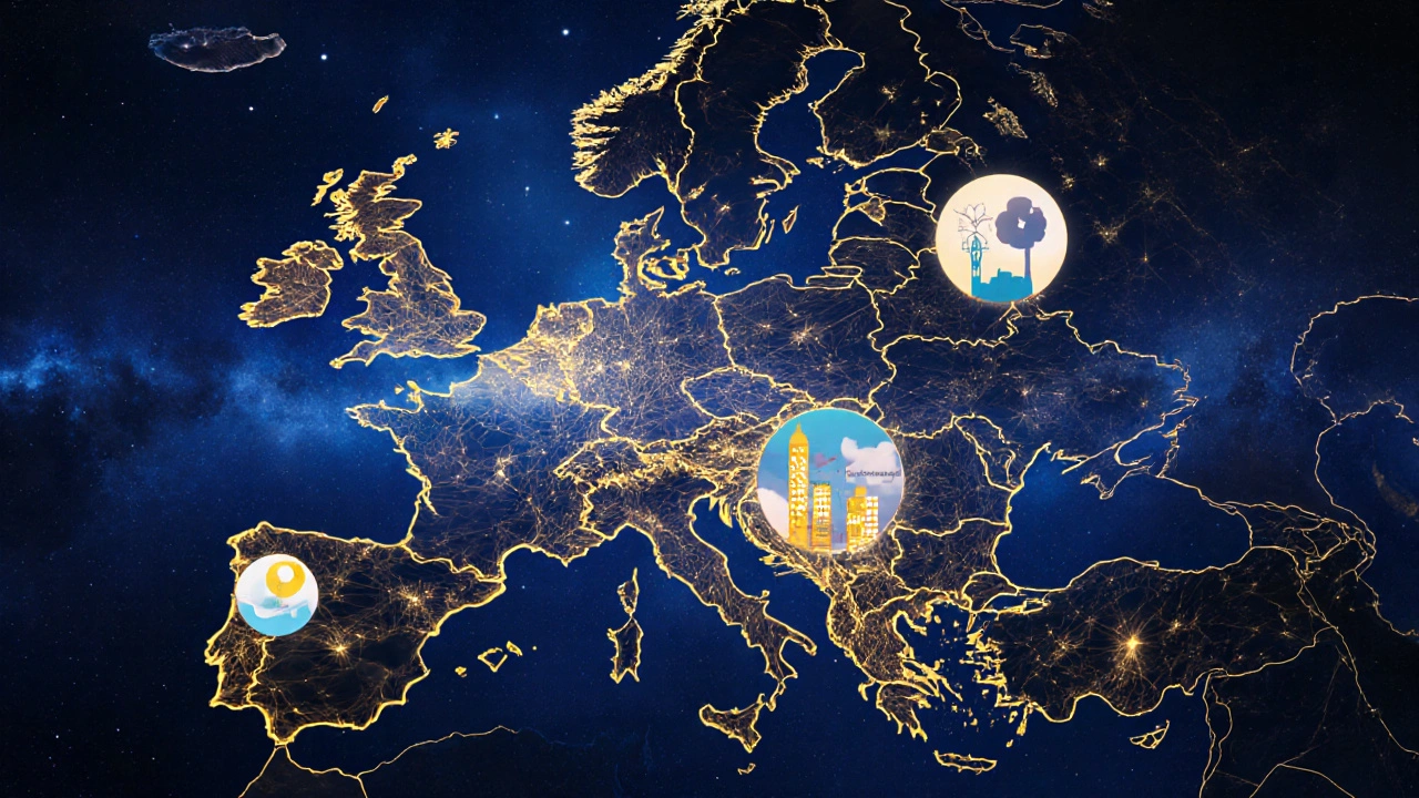 Drei goldene Fäden verbinden wissenschaftliche Exzellenz, Klimaschutz und Innovation auf einer Europakarte.