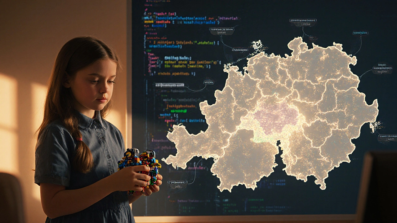 Ein Mädchen hält einen selbstgebauten LEGO-Roboter, während hinter ihr eine Karte Österreichs die regionale Teilnahmelücke zeigt.