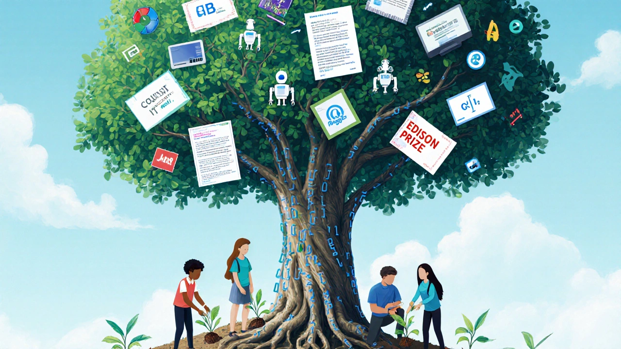Ein symbolischer Baum mit Code-Wurzeln und Roboter-Blättern wächst aus Schüler:innen, die in Richtung Karrierechancen wachsen.