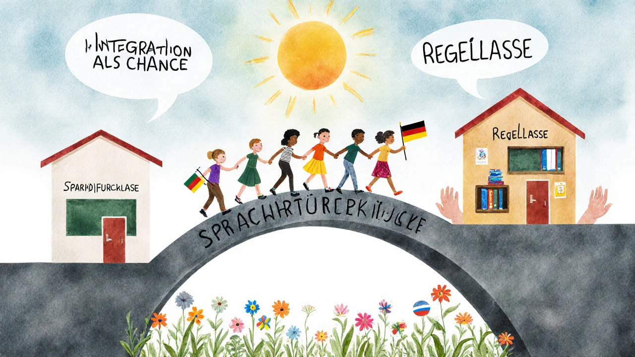 Eine Brücke aus Sprach- und Lernsymbolen verbindet Sprachförder- und Regelklasse.