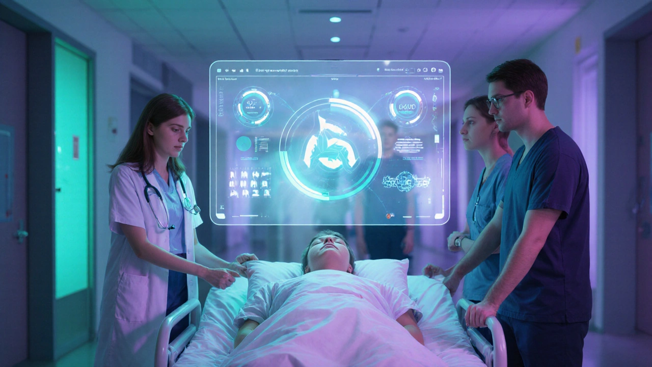Eine Patientin erhält digitales Feedback während ihrer Reha, begleitet von einem interdisziplinären Team.