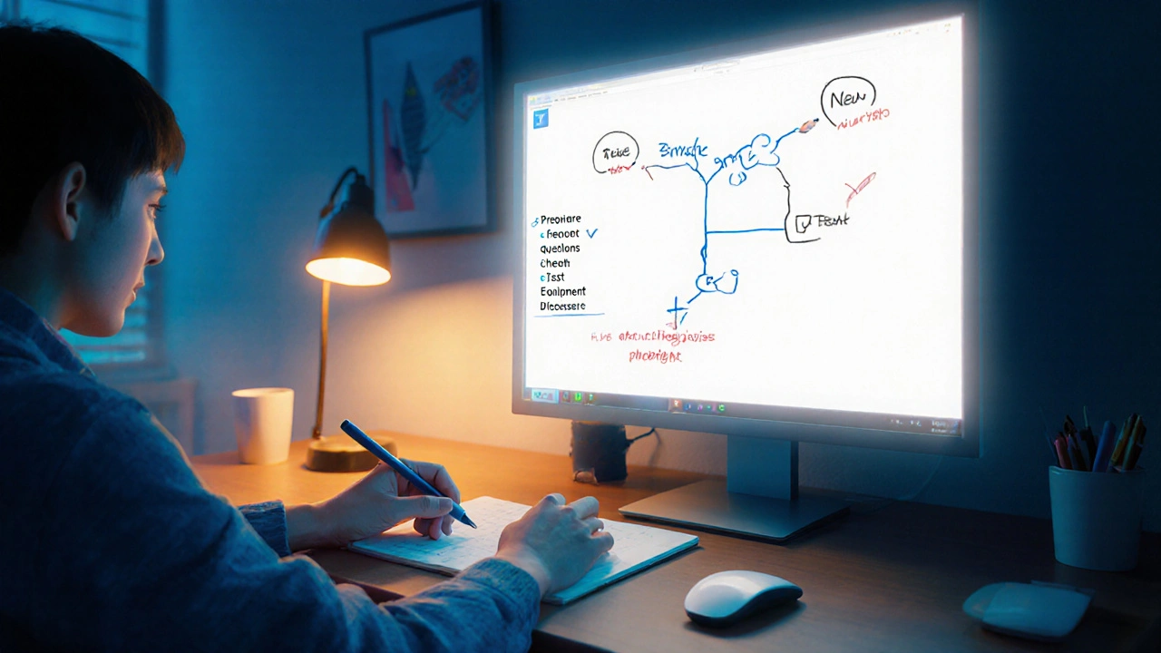 Erste Online‑Physikstunde: Whiteboard‑Skizze, Checkliste und vorbereitender Schüler.