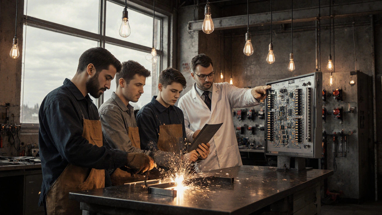 Erwachsene in einer Werkstatt lernen praktische Metall‑ und Elektrotechnik.