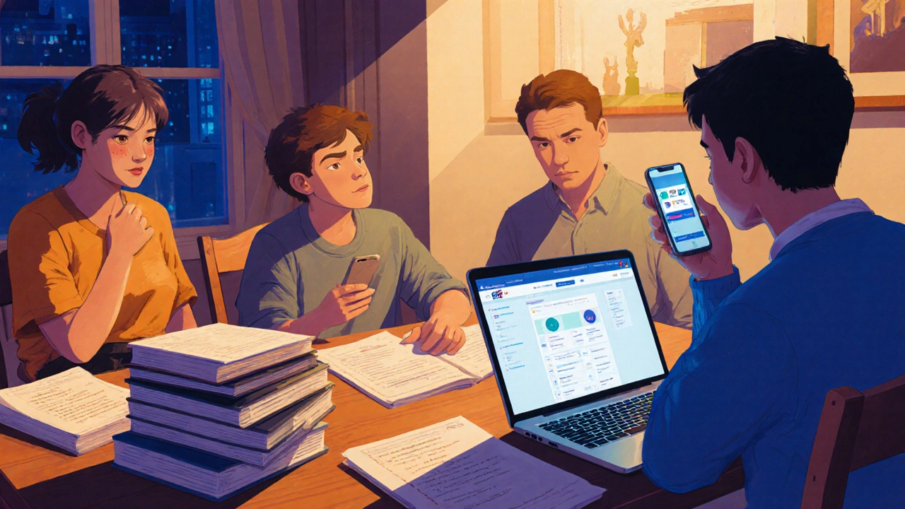 Familie am Abendbrottisch, Teenager vor Hausaufgaben, Eltern hilflos, digitale Geräte leuchten im Hintergrund.