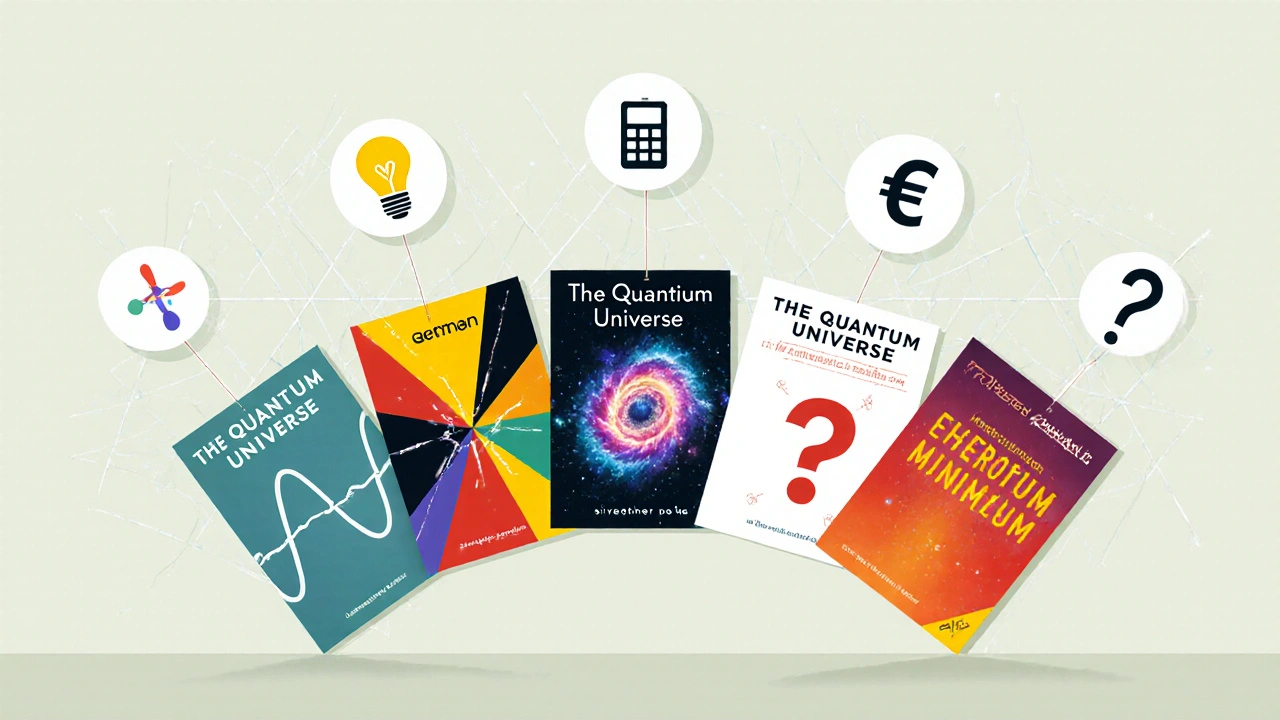 Fünf unterschiedlich gestaltete Einsteigerbücher zur Quantenphysik liegen nebeneinander, jedes mit Symbolen für Leichtigkeit, Preis und Mathe.