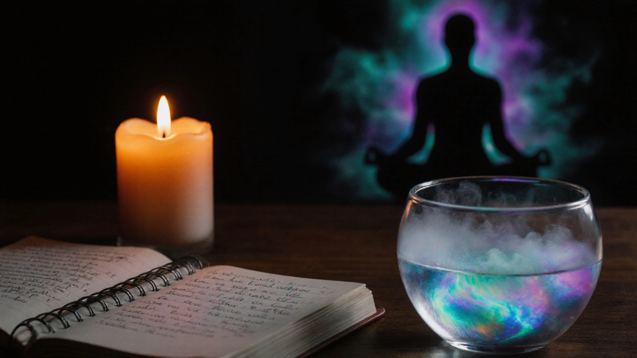 Gemütliche Abendstimmung mit Journal, Kerze und schimmernder Aura.