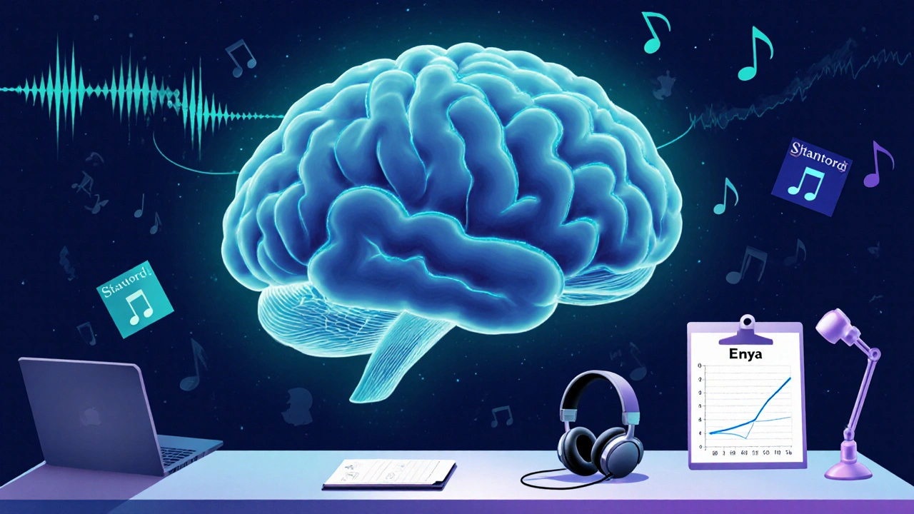 Illustration of a brain with glowing alpha‑waves and music symbols representing research.