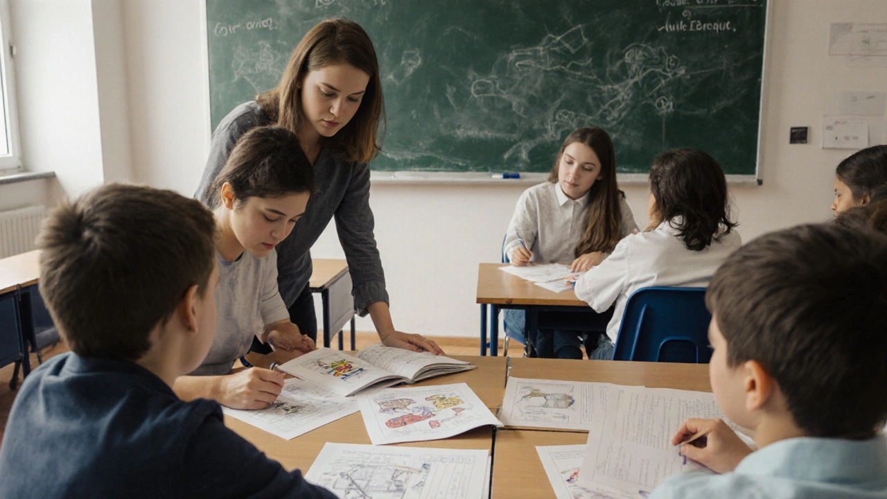 In einer Klasse arbeiten zwei Lehrkräfte mit unterschiedlichen Gruppen, alle Kinder sind Teil des Unterrichts.