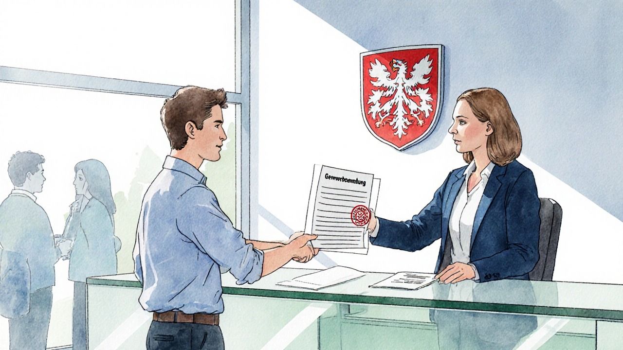 Junger Erwachsener erhält gestempelte Gewerbeanmeldung vom Amt.