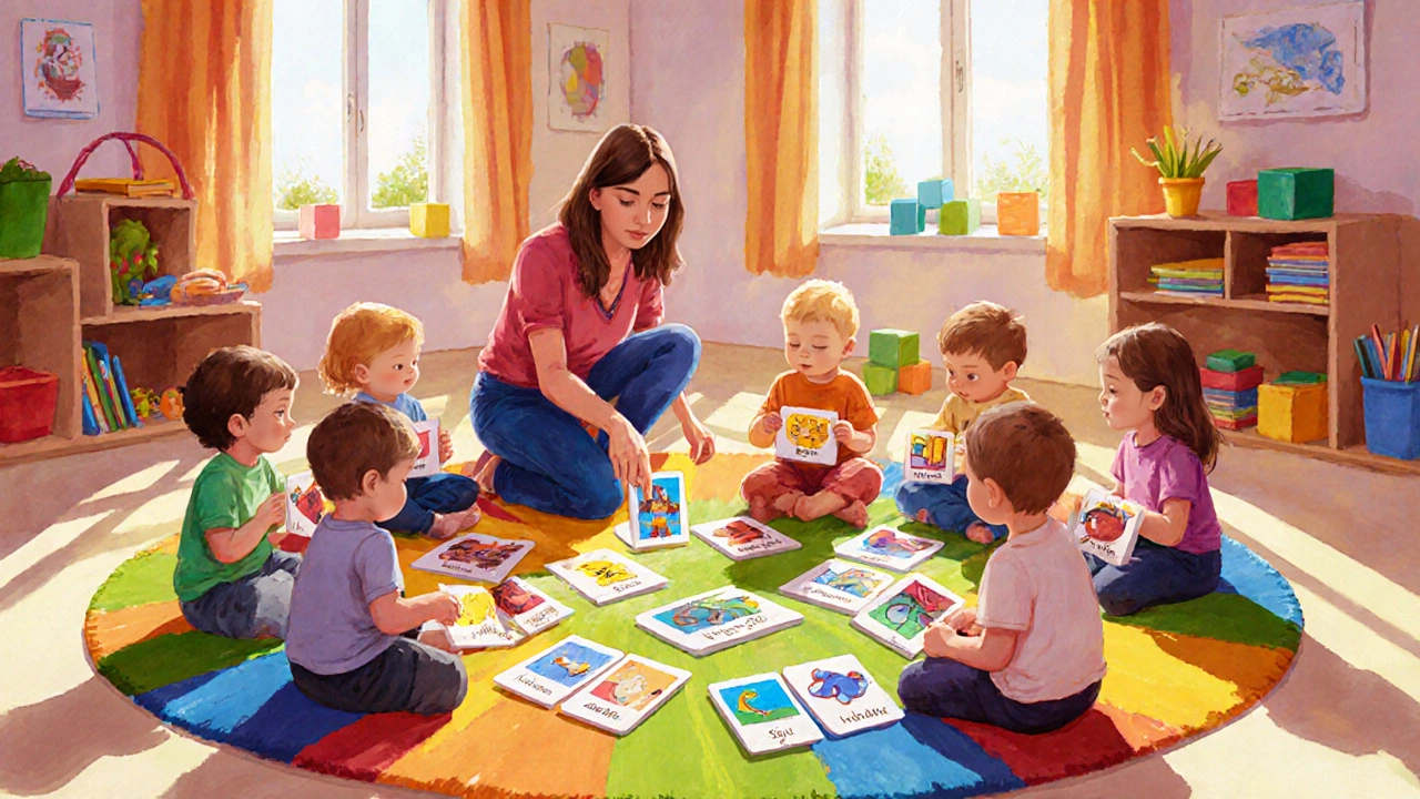 Kindergartengruppe in Graz spielerisch mit Bildkarten Sprachschatz übt.