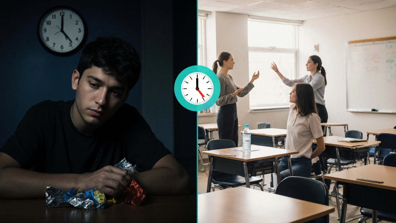 Kontrast: Ein Schüler im Dunkeln mit Schlafmangel links, rechts derselbe Schüler gesund und unterstützt im Klassenzimmer.