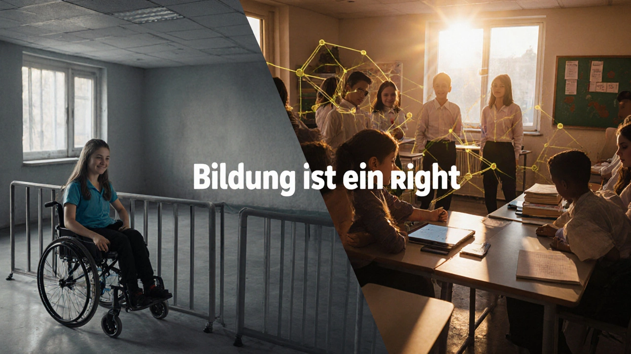 Kontrast zwischen isolierter und inklusiver Bildung: links eine getrennte, rechts eine gemeinsame Lernumgebung mit goldenen Verbindungslinien.