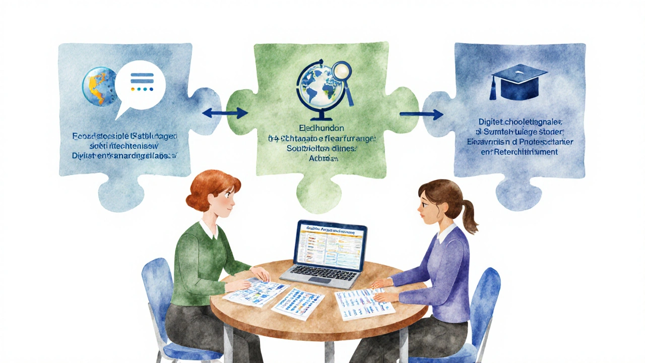 Lehrer planen gemeinsam die fünf Bausteine der Sprachbildung mit Diagrammen und Tablet.