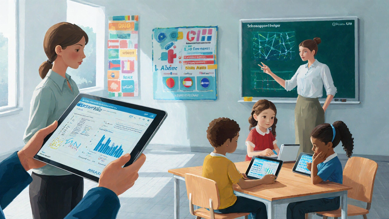 Lehrerinnen nutzen Tablets für digitale Sprachdiagnostik, Kinder verschiedener Herkunft lernen zusammen.