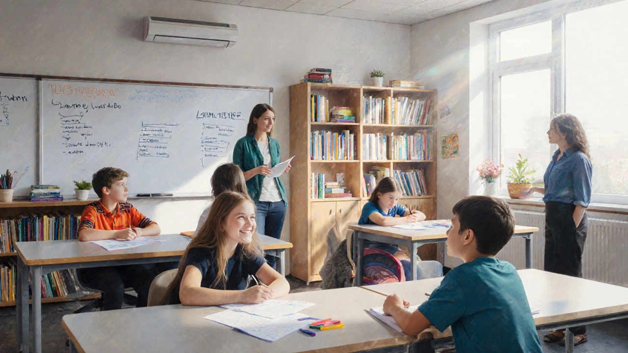 Modernes Klassenzimmer mit Schülern, die selbstständig forschen, Lehrkräfte begleiten individuell, keine Noten oder Zwangsaufgaben.