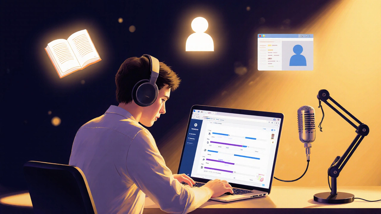 Musiker mit Mikrofon, Laptop‑App, Lernbuch und Online‑Unterricht im Hintergrund.
