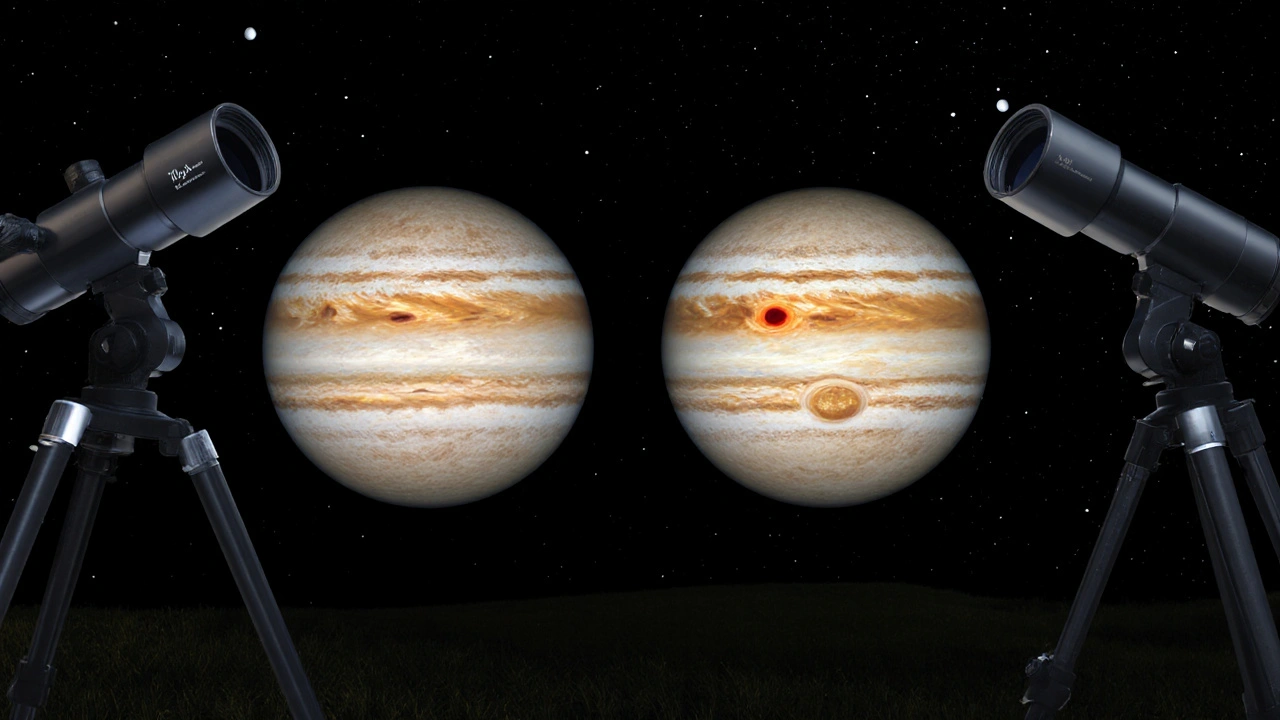 Nebeneinander richtete Teleskope zeigen Jupiter bei 50‑× und 100‑× Vergrößerung.