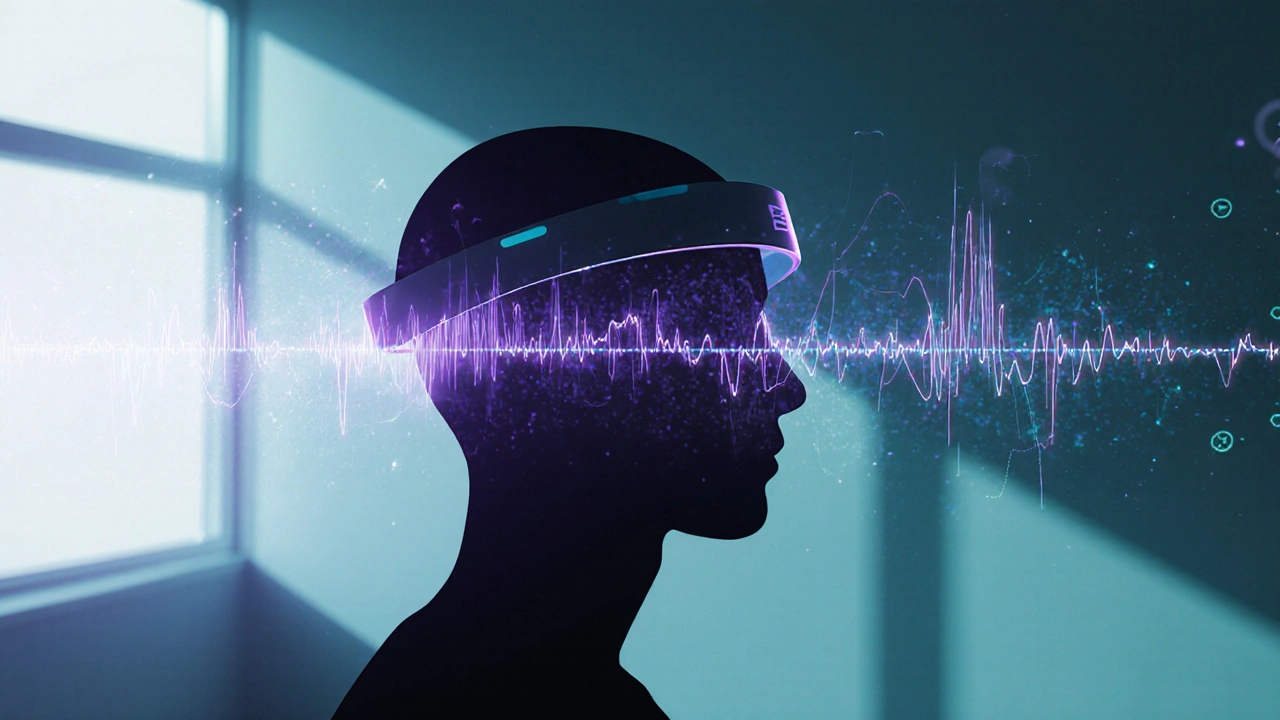 Person mit EEG‑Headset, umgeben von schwebenden Gehirnwellen‑Muster.