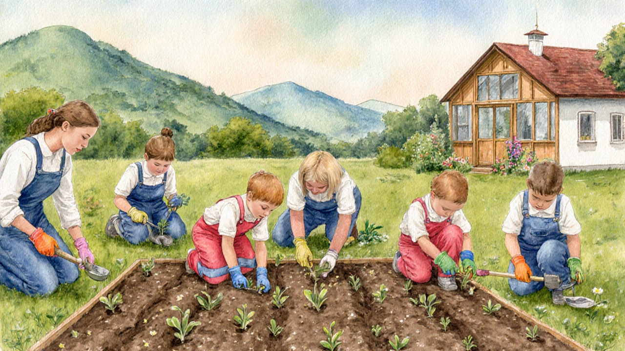 Schüler*innen pflanzen gemeinsam im Schulgarten, unterstützt von Eltern, umgeben von alpiner Landschaft.