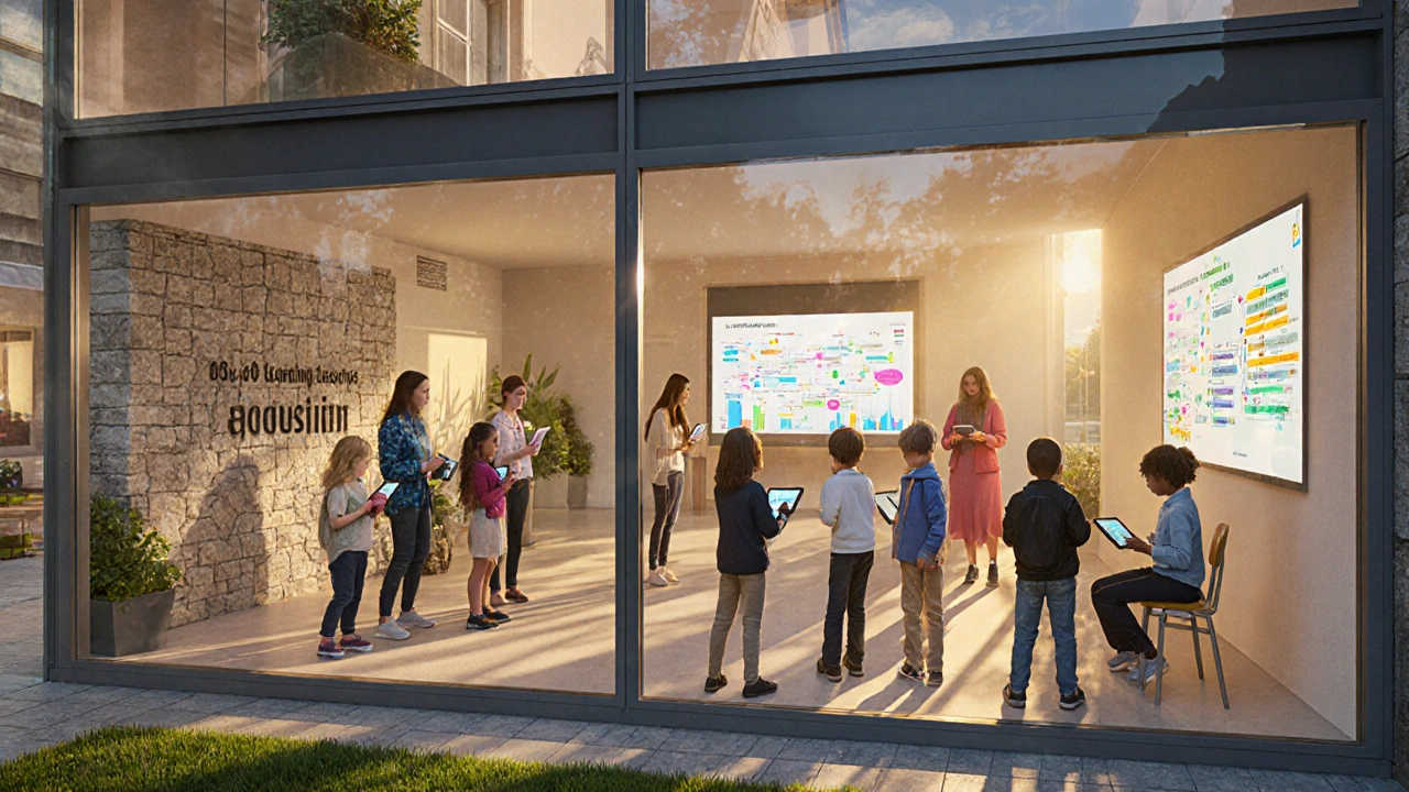 Schüler nutzen Tablets und Smartboards für digitale Sprachförderung im modernen Schulgebäude.