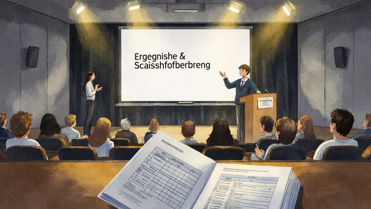Schüler präsentiert VWA‑Ergebnisse auf einer Bühne, Publikum hört aufmerksam zu.
