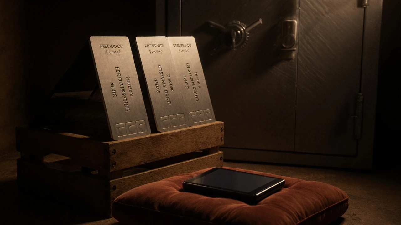 Sicherer Raum mit Metallplatten, Hardware‑Wallet und Safe.