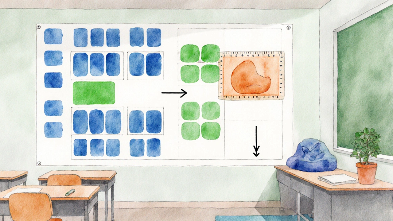 Sitzplan an der Wand mit farbcodierten Schreibtischen, ein grüner Platz vorne und eine ruhige Ecke im Hintergrund.