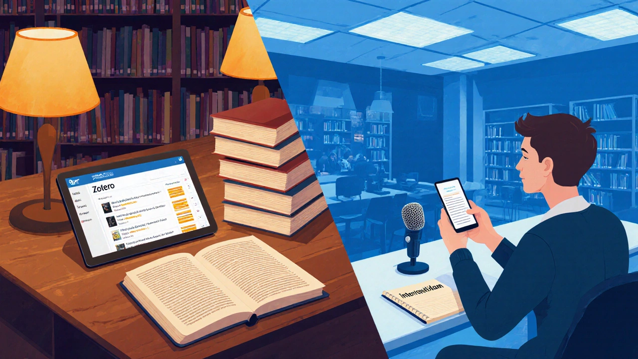 Student recherchiert im Bibliothek, nutzt Zotero und führt ein Interview mit Mikrofon.