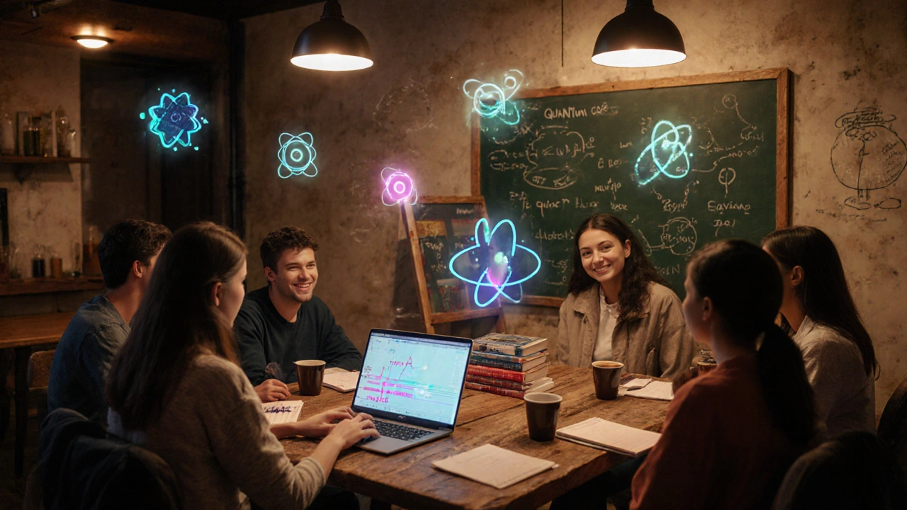 Studierende diskutieren in einem Café, während ein Laptop eine Quanten‑Simulation zeigt.