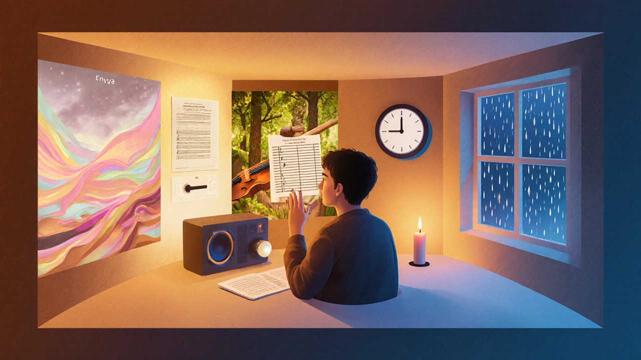 Study nook split into zones for Enya, classical, nature sounds, and silence.