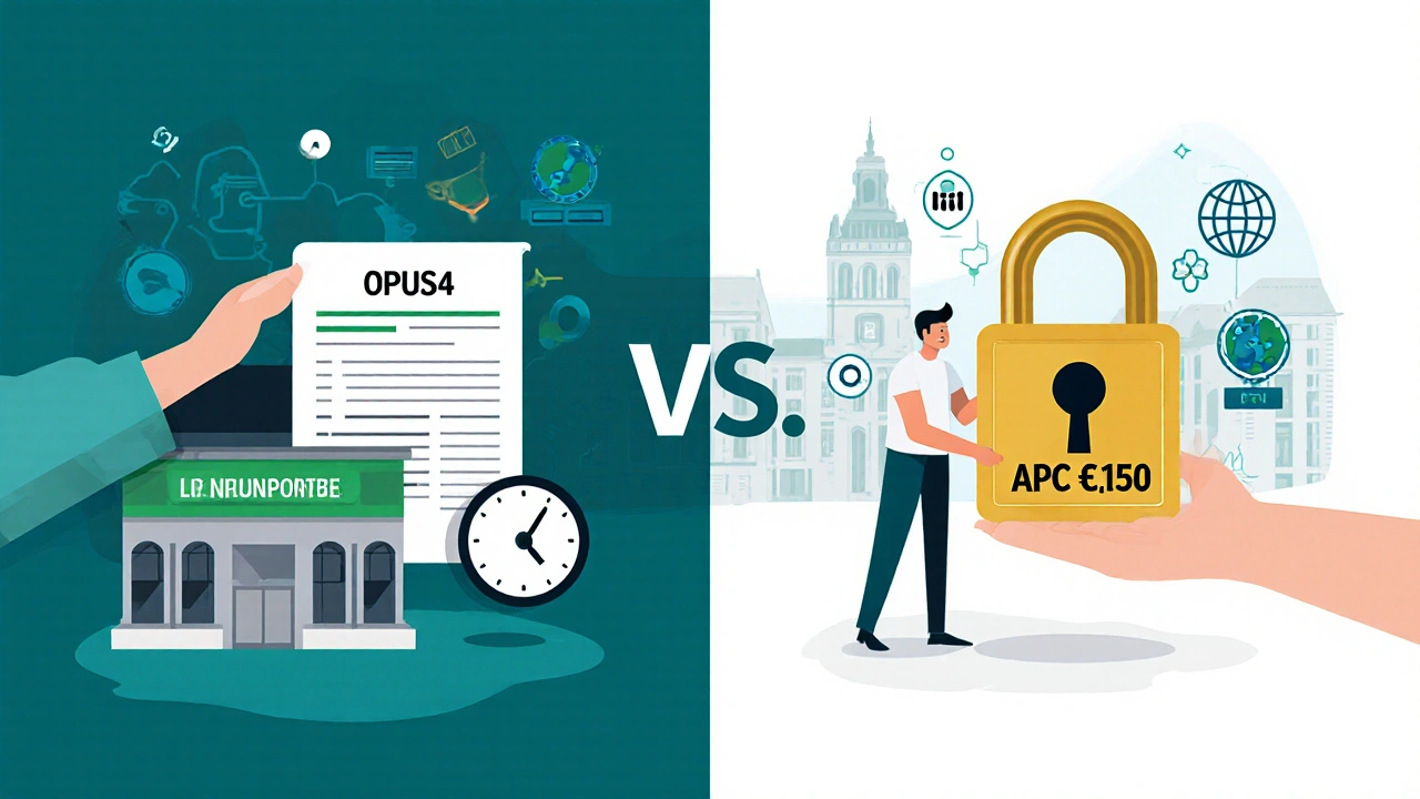 Vergleich der grünen und goldenen Open-Access-Wege: Repository-Upload vs. bezahlte Veröffentlichung mit APC.