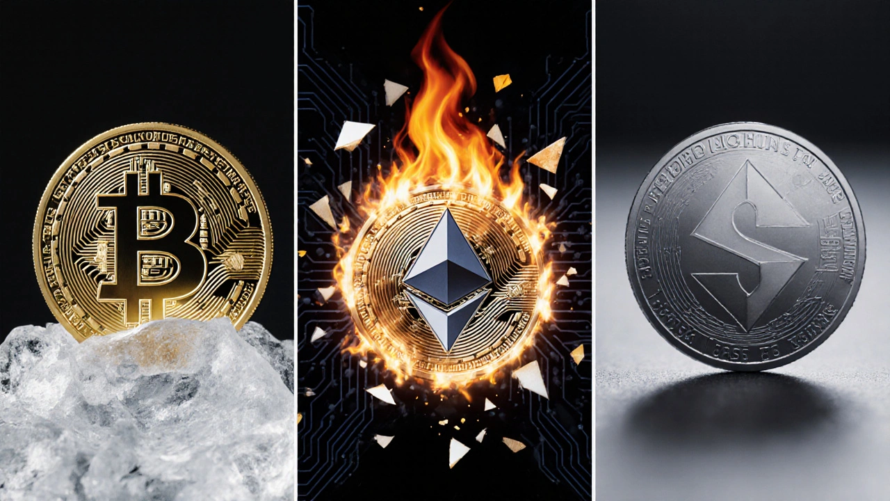 Vergleich von Bitcoin, Ethereum und Solana mit Symbolen für Knappheit, Burn und Geschwindigkeit.