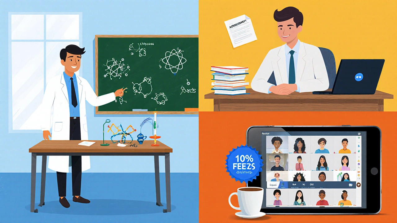 Vier Szenen zeigen verschiedene Physik‑Nachhilfe‑Formate: Uni‑Tutor, Student‑Tutor, Agentur und Online‑Plattform.