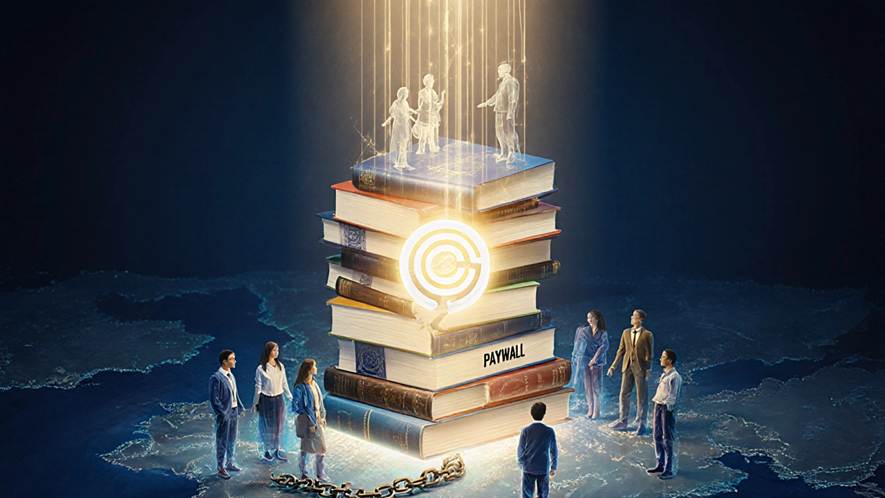 Wissenschaftliche Publikationen strömen als Lichtstrahlen durch Europa, Paywall gebrochen, CC-BY-Symbol im Zentrum.