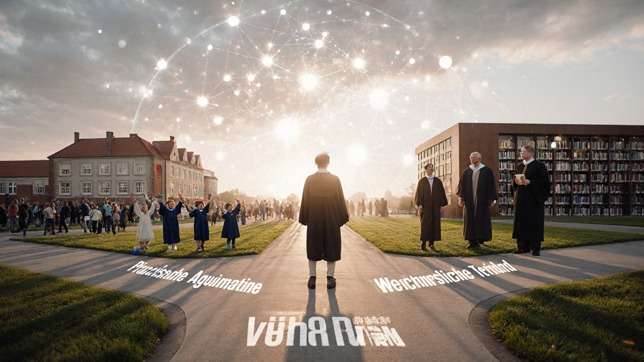 Absolventin steht an einem Wegweiser zwischen Praxis und Wissenschaft bei der Lehrerbildung in Österreich.