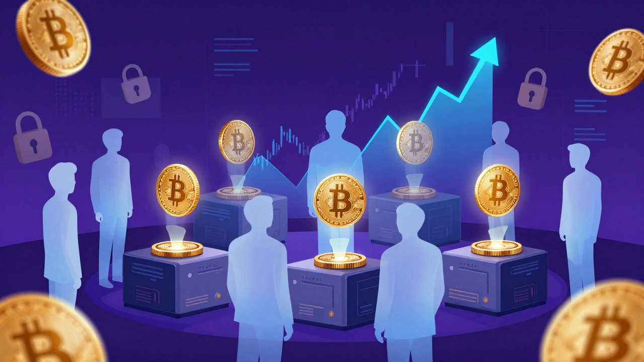 Abstrakte Darstellung von Hashrate als lebendigem Markt mit Bitcoin-Münzen und Verschlüsselungssymbolen