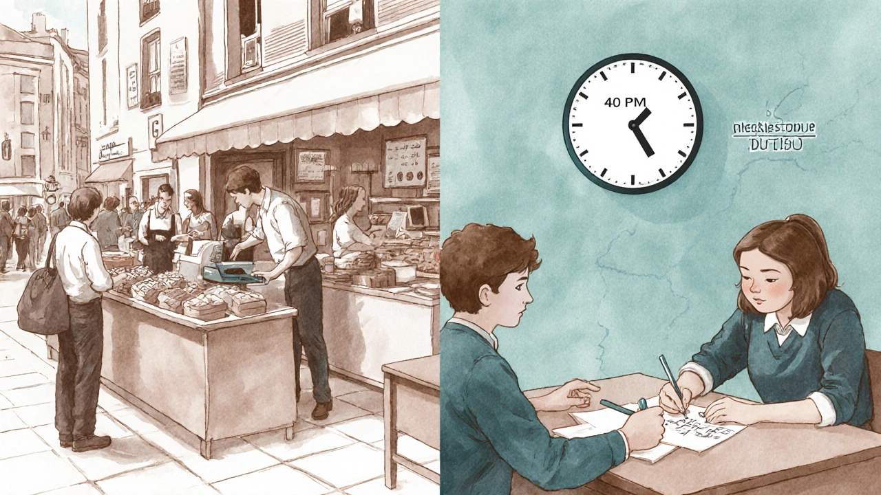 Aufteilung eines Tages einer Lehrling: im Laden und in der Berufsschule.