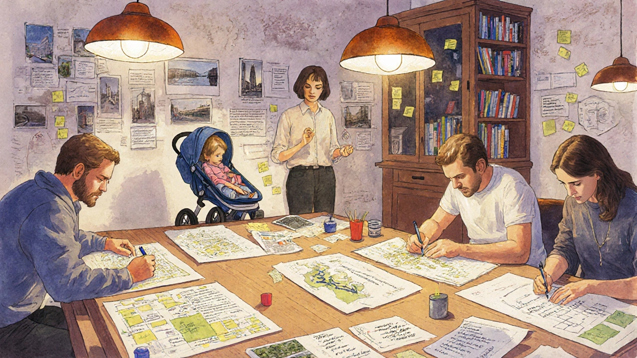 Bewohnerinnen und Bewohner in Gumpendorf gestalten gemeinsam mit Forschern die Straßenplanung mit Karten und Fotos.