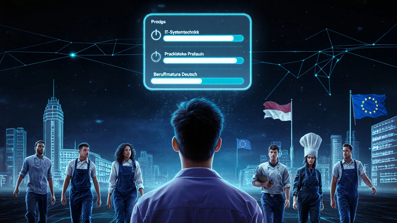 Digitale Lern-App zeigt Fortschritte eines Lehrlings mit Berufsmatura und EU-Berufsaussichten.