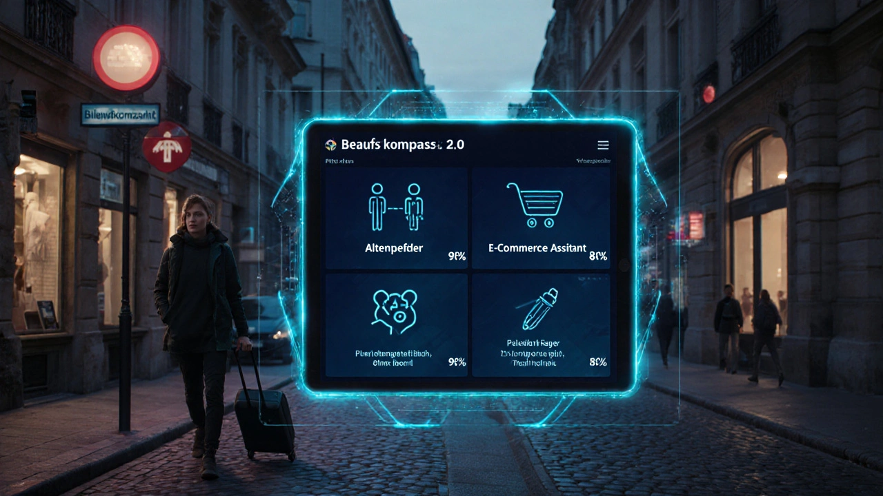 Digitaler Karriere-Advisor zeigt passende Berufe wie Altenpfleger und E-Commerce-Assistent.