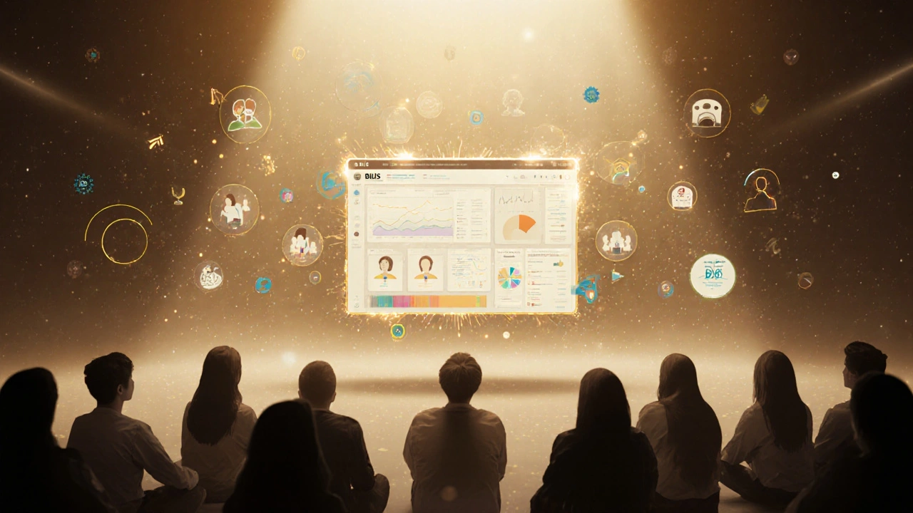 Digitales Bildungsdashboard mit KI-Elementen und anonymisierten Schülerprofilen in einem goldenen Licht.