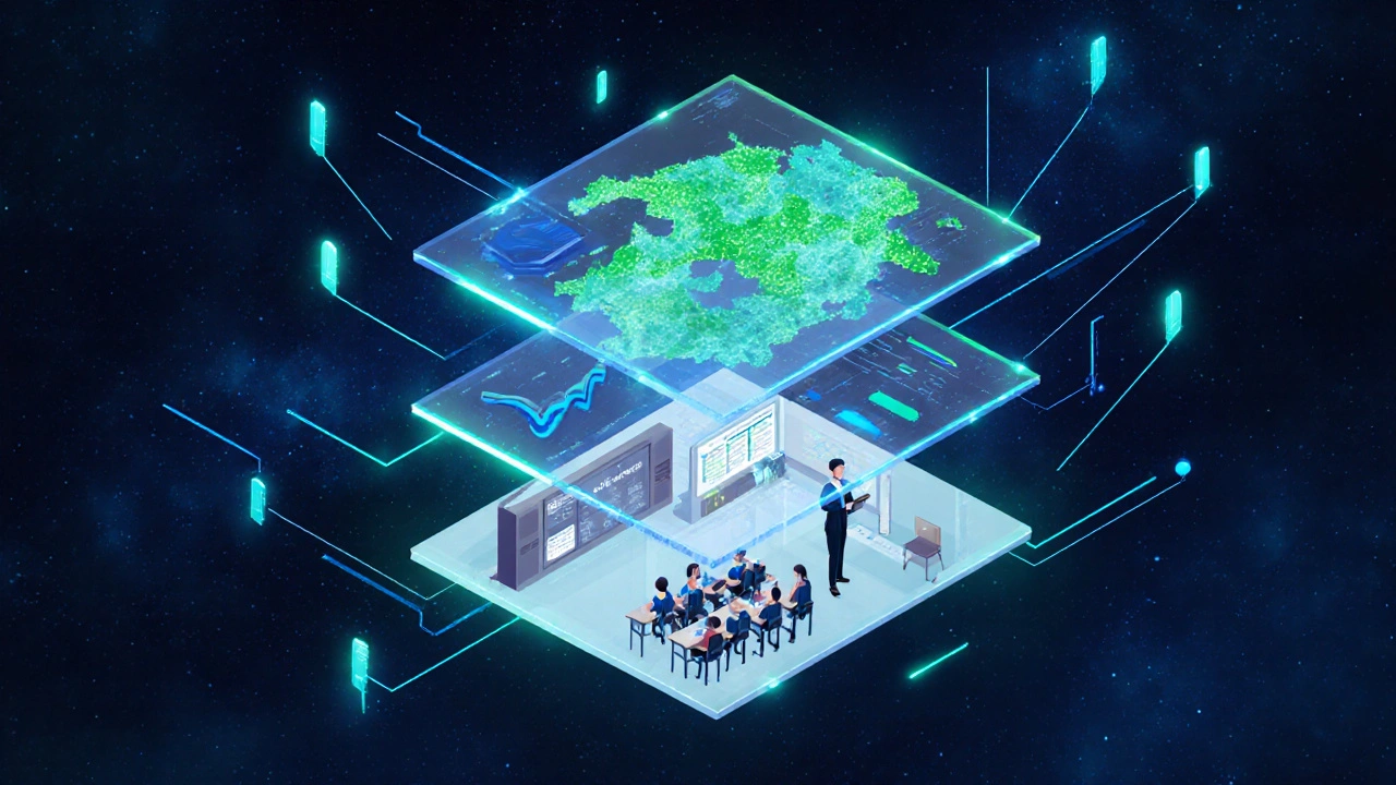 Drei Ebenen der Bildungsdaten: Klasse, Schule und Region, verbunden durch fließende Datenströme.