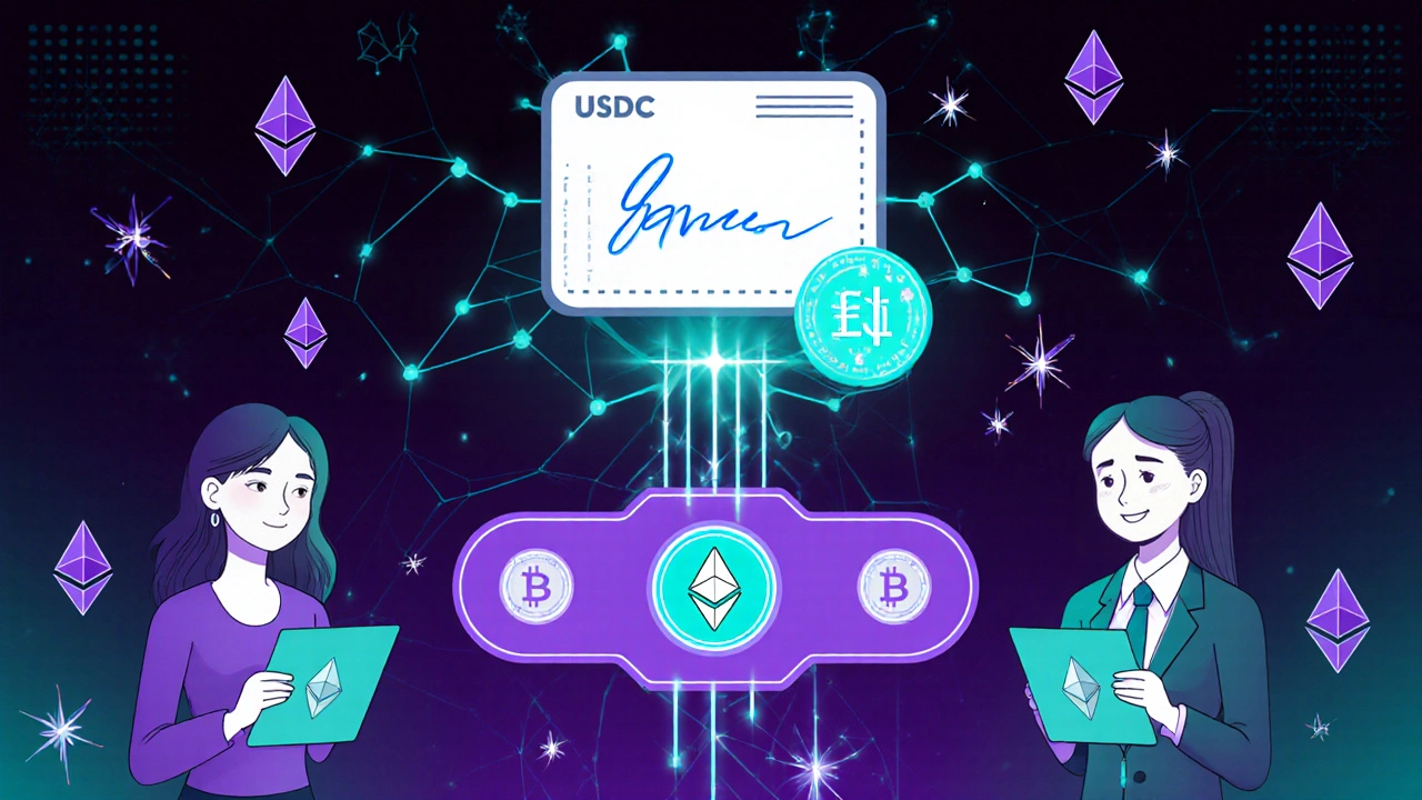 Drei Personen signieren gemeinsam eine intelligente Wallet, während Token in ETH umgewandelt werden.